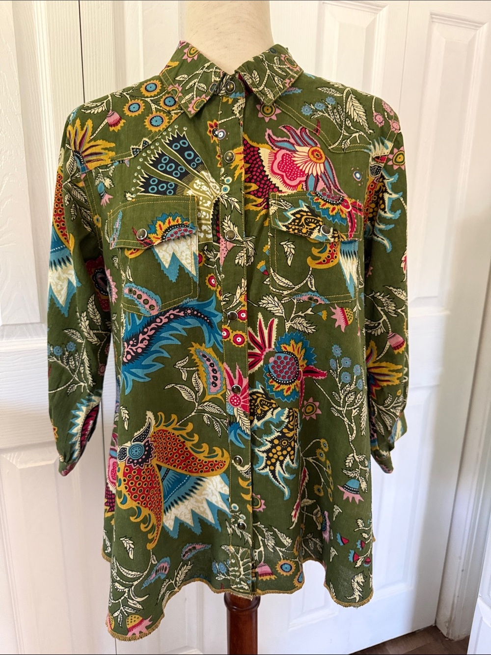 Ivy Jane Womens Olive Green Floral Bird Print Button Up Shirt 3/4 Sleeve Sz S